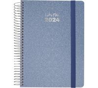 Grafoplás | Agenda Jour Page | Annuel 2024 | Bleu Arctique | Espagnol | 15x21cm | Spirale | Couvercle Dur doublé Tissu Métallisé | Fermeture élastique | Janvier à Décembre 24 | Série Metallic