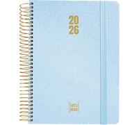 Grafoplas Agenda semainier 2026 A6 en espagnol métallisé bleu pastel avec autocollants, couverture rigide doublée tissu métallisé, fermeture élastique, de janvier à décembre, FSC, 120 pages à