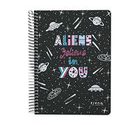 Grafoplás | Cahier Quatrième | 80 feuilles quadrillées 4x4 90g | Couvercle en plastique | Spirale | Design Elena Corredoira | Collection Aliens | Certifié FSC