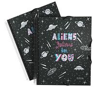 Grafoplás | Dossier pochettes en plastique | A4 | 30 doublures transparentes | Avec spirale | Enveloppe zippée | Couvercles flexibles | Aliens, Elena Corredoira