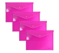Grafoplas - Lot de 4 pochettes plastiques format folio avec fermeture bouton, passepoil tissu, 33,5 x 24 cm, couleur fuchsia translucide, polyvalent pour documents A4 et A4+, parfait comme