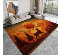 Grain De Bois Géométrique Montagnes Pins Cerf Tapis de Salon 160 x 230 cm Poil Court Fin Doux Léger Résistant, Couleur Orange Tapis de Chambre Lavable en Machine pour Salle à Manger et Bureau Moquette