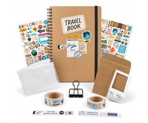 GRAINE CREATIVE - Kit complet carnet de voyage et accessoires - 60 pages - avec stickers, rubans autocollants et accessoires - Carnet de souvenirs, idée cadeaux pour souvenir de voyage