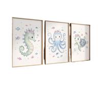 Graiting Affiche Murale en Toile avec Imprimés D'océan Rose, 3 Pièces, Poulpe, Tortue, Pépinière, Décoration De Salon, Chambre À Coucher, Maison(50x70cm Unframe)