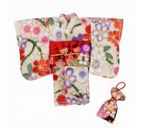 Gralara Costume Kimono pour Poupée OB11 Ensemble Robe Tenue Obi Pochette en Tissu Design à Couches Stables Manches Imprimés Floraux Convient à Diorama Miniature Étalage Boutique , Blanc Cassé