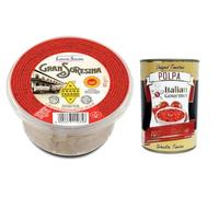 Gran Soresina Formaggio Grana Padano DOP Scaglie, flocons de fromage, 100 % lait italien 80 g + Polpa di Pomodoro Italian Gourmet Polpa di Pomodoro Boîte de 400 g