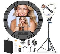 Grand anneau lumineux pliable de 55,9 cm avec support pour iPhone iPad, trépied de 75,9 cm avec support de prise de vue aérienne 50 W 6500 K 4 clips/écran LCD/2 ports USB pour tatouage, coiffeur