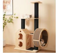Grand Arbre à Chat 80x40x152 cm Naturel & Noir, Structure Massive, 2 Maisons et Poteaux à Griffer en Sisal