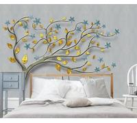 Grand Arbre Feuilles Dorées Fleurs Bleues Papier Peint 3D Intissé Tapisserie Bureau Salon Canapé Chambre Fond Décoration Murale-400cm×280cm