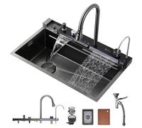 Grand Bac Unique de Style Ferme En Acier Inoxydable 304 Avec Affichage Led de La Température, Robinet, Lave-Gobelet Et Bonde./Noir/68 * 46Cm