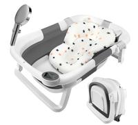 Grand Baignoire Pliable Bébé avec Thermomètre à eau, Rince Tete Bebe pour bébé convient aux nouveau-nés aux tout-petits dispose d'un tapis antidérapant et de trous de drainage thermomètre (Grey)