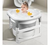 Grand Baignoire Pliable Bébé jusqu'à 18 kg, Douche Bebe XXL, Pieds Antidérapants, Bouchon de Vidange, Capacité 200L (Gris, Rond, 67x67x61cm)