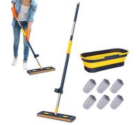 Grand Balai Plat Et Système De Seau, 360° Rotation Balai Serpillère Absorbant avec 6 Coussinets en Microfibre Réutilisables Secs Et Mouillés (Bleu + 6 Pcs Rag + Seau)