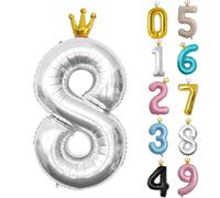 Grand ballon argenté en forme de chiffre 8 avec couronne - Film aluminium - Auto-gonflant - Ballons numériques 8 ans - 101,6 cm - Grand format - Fournitures de décoration de fête d'anniversaire
