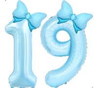 Grand ballon bleu clair en forme de chiffre 19 pour filles - Décoration de fête d'anniversaire pour filles - Grand format de 101,6 cm - Pour filles - Nœuds - Coquette bleue - Décoration de fête pour