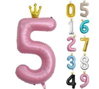 Grand ballon d'anniversaire en forme de chiffre 5 avec couronne - Film aluminium - Auto-gonflant - Ballons 0 à 9 ans - pour 5e anniversaire - Ballons 0-9 pour anniversaire de fille - 101,6 cm - Grands