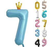 Grand ballon d'anniversaire en forme de chiffre 7 avec couronne - Film aluminium - Auto-gonflant - Ballons 0-9 ans - pour 7e anniversaire - Ballons bleus - pour anniversaire, décoration de fête