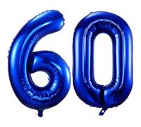 Grand ballon en aluminium en forme de chiffre 60 - Auto-gonflant - Ballons 60 - 101,6 cm - Grand ballon en aluminium - Numéro 60 - Pour hommes et femmes - Ballons bleus pour anniversaire de mariage