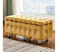 Grand banc de rangement rembourré bleu avec pieds en métal, design touffeté à boutons, grande capacité pour salon, chambre à coucher et entrée, couleur curry foncé, 100 x 40 x 42 cm