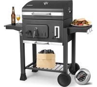Grand Barbecue au Charbon de Bois avec Couvercle, Grille, Roues et thermomètre, poignée, Barbecue Fumeur, 130 x 137 x 49 cm, Gris