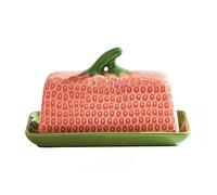 Grand beurrier à motif fraise avec couvercle pour cuisine et maison - 19,5 x 9,5 x 11,5 cm (L x l x H) - Passe au lave-vaisselle - Récipient à beurre en céramique pour réfrigérateur - Capacité de 500