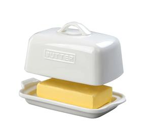 Grand beurrier en porcelaine adapté aux blocs 500g et 250g, plat à beurre pour conservation sur plan de travail, rangement pratique, JSHKY (Blanc).