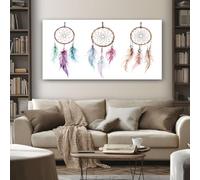 Grand Bohème Attrape rêves Tableau Decoration Murale Salon Aquarelle Plume Impression sur Toile 70x140 cm Cadre Peinture sur Toile pour Chambre Bureau Horizontal Poster Mural Prêt à Accrocher