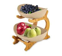Grand bol à fruits à deux niveaux en céramique avec cadre en bambou et pied antidérapant pour comptoir de cuisine et fêtes (kaki)