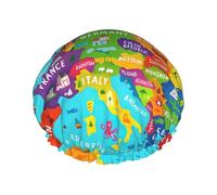 Grand bonnet de douche imperméable avec motif carte de l'Europe colorée avec icônes pour femmes cheveux longs, bande élastique lavable