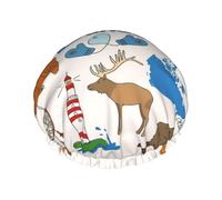 Grand bonnet de douche imperméable pour femme avec imprimé symboles et icônes du Canada pour cheveux longs, bande élastique lavable
