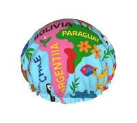 Grand bonnet de douche imperméable pour femme avec motif carte de l'Amérique du Sud avec icônes imprimées