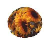 Grand bonnet de douche réutilisable avec imprimé tournesol et papillon ensoleillé pour cheveux longs