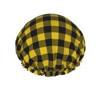 Grand bonnet de douche réutilisable double couche motif buffle jaune avec cordon élastique et doublure en PEVA