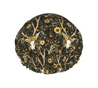 Grand bonnet de douche réutilisable double couche vintage avec motif tête de mort de tournesol, cerf, cape de douche avec cordon élastique et doublure en PEVA