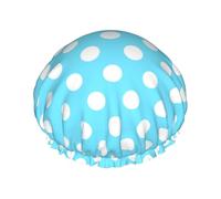 Grand bonnet de douche réutilisable double doux à pois bleus avec cordon élastique et doublure en PEVA