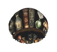 Grand bonnet de douche réutilisable pour femme - Bibliothèque vintage tendance et confortable avec 1 impression double couche de cheveux pour la douche avec corde élastique et doublure en PEVA