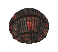 Grand bonnet de douche réutilisable pour femme - Bibliothèque vintage tendance et confortable avec imprimé double couche de cheveux pour la douche avec corde élastique et doublure en PEVA