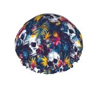 Grand bonnet de douche réutilisable pour femme - Bonnet de cheveux double couche imprimé tête de mort de style hawaïen avec doublure en PEVA et corde élastique
