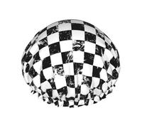 Grand bonnet de douche réutilisable pour femme - Bonnet de douche créatif à carreaux noirs et blancs double couche pour la douche avec doublure en PEVA et corde élastique
