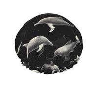 Grand bonnet de douche réutilisable pour femme - Bonnet de douche double couche avec doublure en PEVA et corde élastique Motif dauphins noirs