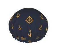 Grand bonnet de douche réutilisable pour femme - Double ancre de roue de bateau imprimée couche de bonnet pour la douche avec corde élastique et doublure en PEVA
