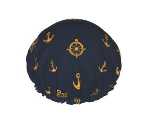 Grand bonnet de douche réutilisable pour femme - Double ancre de roue de bateau imprimée couche de bonnet pour la douche avec corde élastique et doublure en PEVA