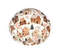 Grand bonnet de douche réutilisable pour femme - Double bonnet de cheveux imprimé Kawaii Little House pour la douche avec corde élastique et doublure en PEVA