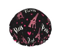 Grand bonnet de douche réutilisable pour femme - Double bonnet de cheveux imprimé Paris Eiffel avec corde élastique et doublure en PEVA