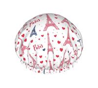 Grand bonnet de douche réutilisable pour femme - Double bonnet de cheveux imprimé Paris Eiffel rose avec corde élastique et doublure en PEVA