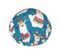 Grand bonnet de douche réutilisable pour femme - Double bonnet de cheveux mignon imprimé alpaga pour la douche avec corde élastique et doublure en PEVA