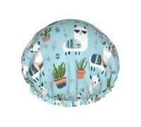 Grand bonnet de douche réutilisable pour femme - Double bonnet de douche mignon en alpaga cactus 1 couche imprimée pour la douche avec corde élastique et doublure en PEVA
