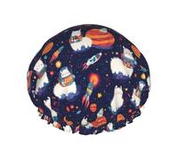 Grand bonnet de douche réutilisable pour femme - Double bonnet de douche mignon imprimé alpaga avec corde élastique et doublure en PEVA