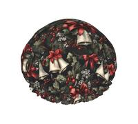 Grand bonnet de douche réutilisable pour femme - Double cloche de Noël imprimée bonnet de cheveux pour la douche avec corde élastique et doublure en PEVA