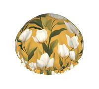 Grand bonnet de douche réutilisable pour femme - Double couche blanche à imprimé tulipe avec corde élastique et doublure en PEVA